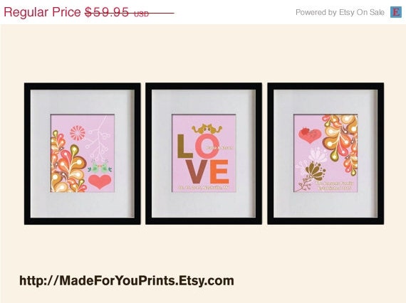 ON SALE Custom Wedding Art Prints Set - Lovely Flowers & Hearts  - Set of 3 - 8X10 - CT002-05-S3 -  Wisteria, Pink, Red, Olive, Love