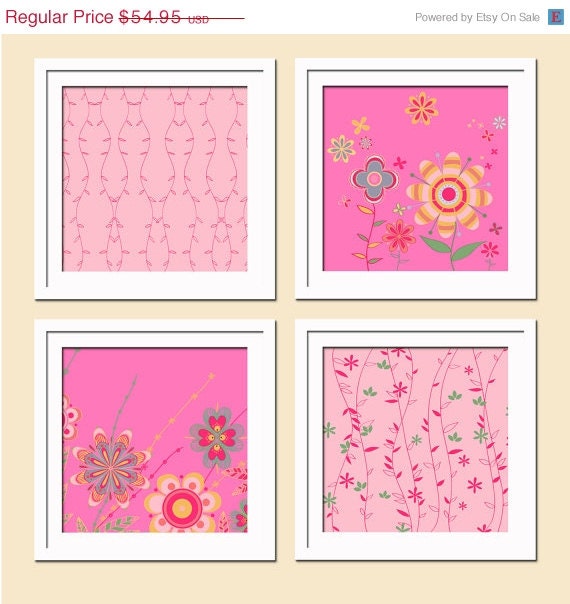 ON SALE Nursery Art Prints - Children's Room Wall Decor -Set of 4 - 10X10 - Pink, Flowers, Leaves and Pattern- No. N4S-035-10x10-4