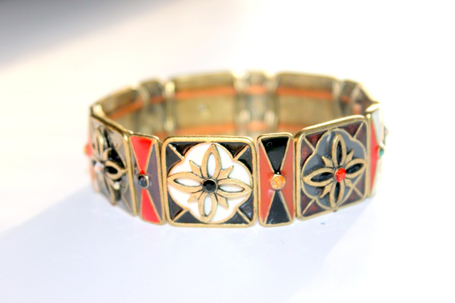 Vintage 1960s Enamel and Pave Rhinestone Stretch Bracelet
