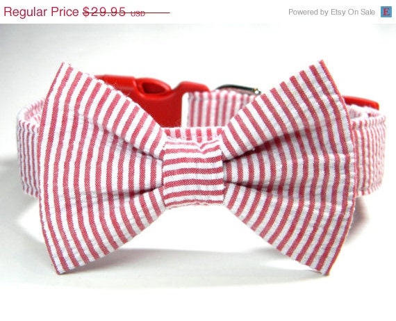 ON SALE Seersucker Bow Tie Dog Collar: Red and White Classic Seersucker... Pet Collar