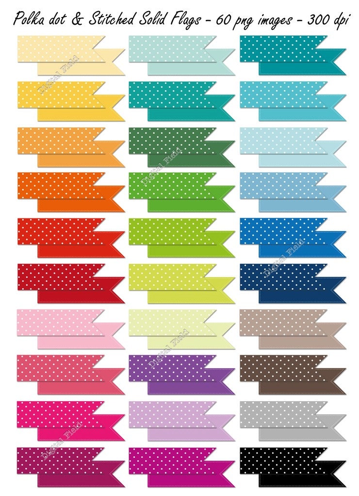 INSTANT DOWNLOAD Polka dot and stitched solid flags clip art set - 60 png images - printable digital clipart