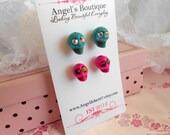Sugar Skull Crystal Eyes Day of the Dead Sugar Skull Pink or Blue Swarovski Crystal Stud post earrings