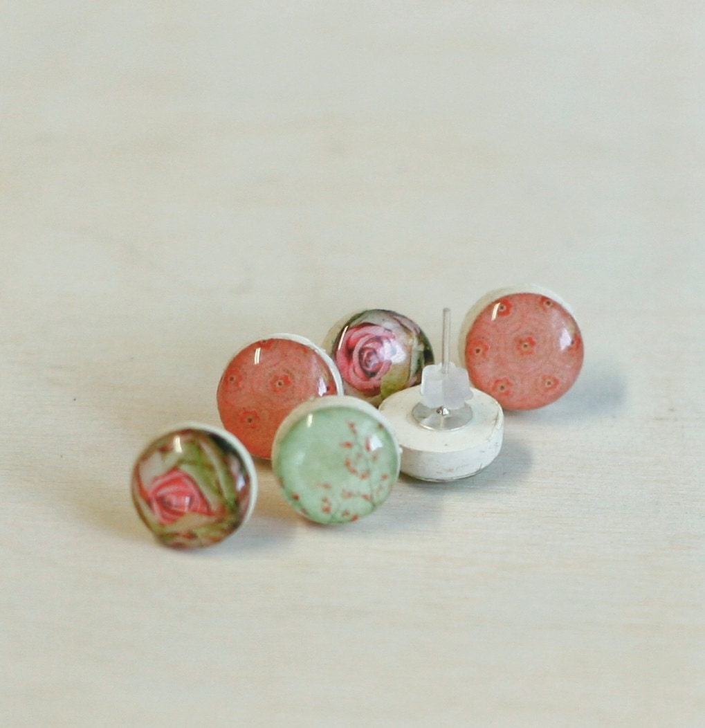 Tiny stud earrings salmon and mint floral earring studs set of 3