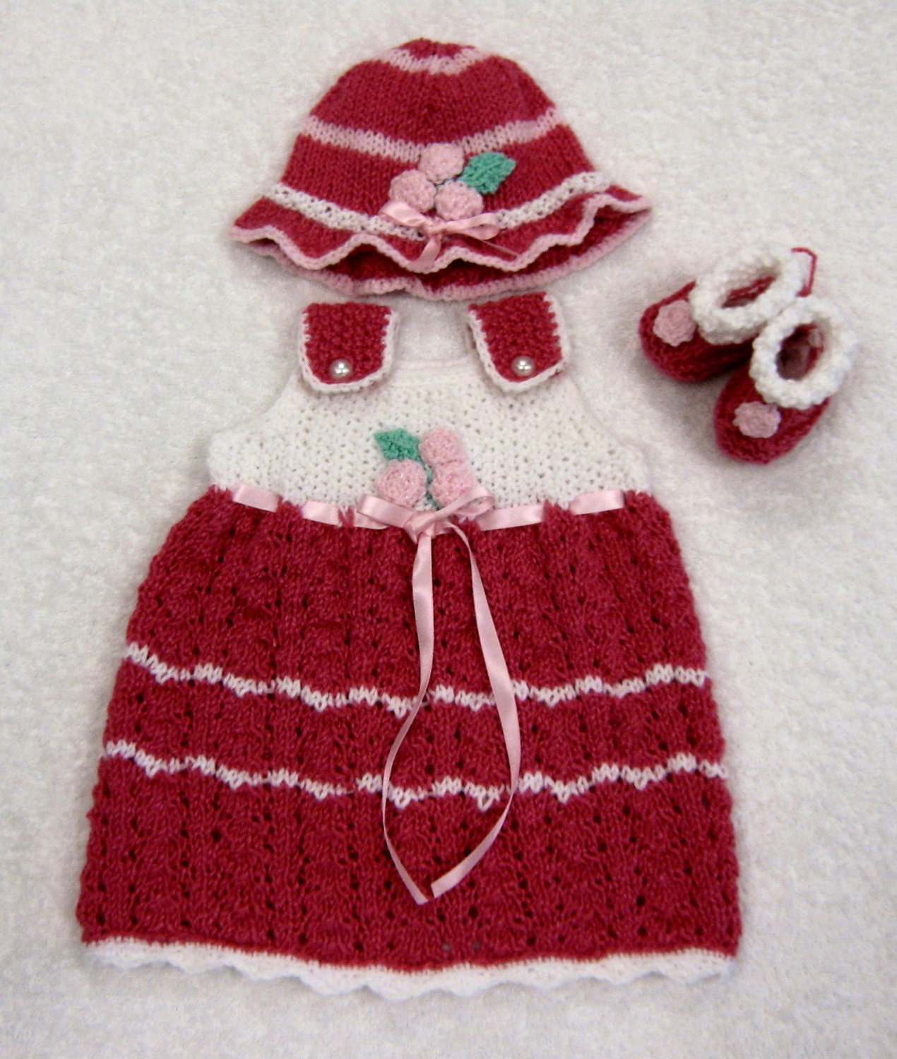 Deep Pink Newborn Rosebud Baby Dress with Matching Hat and Booties