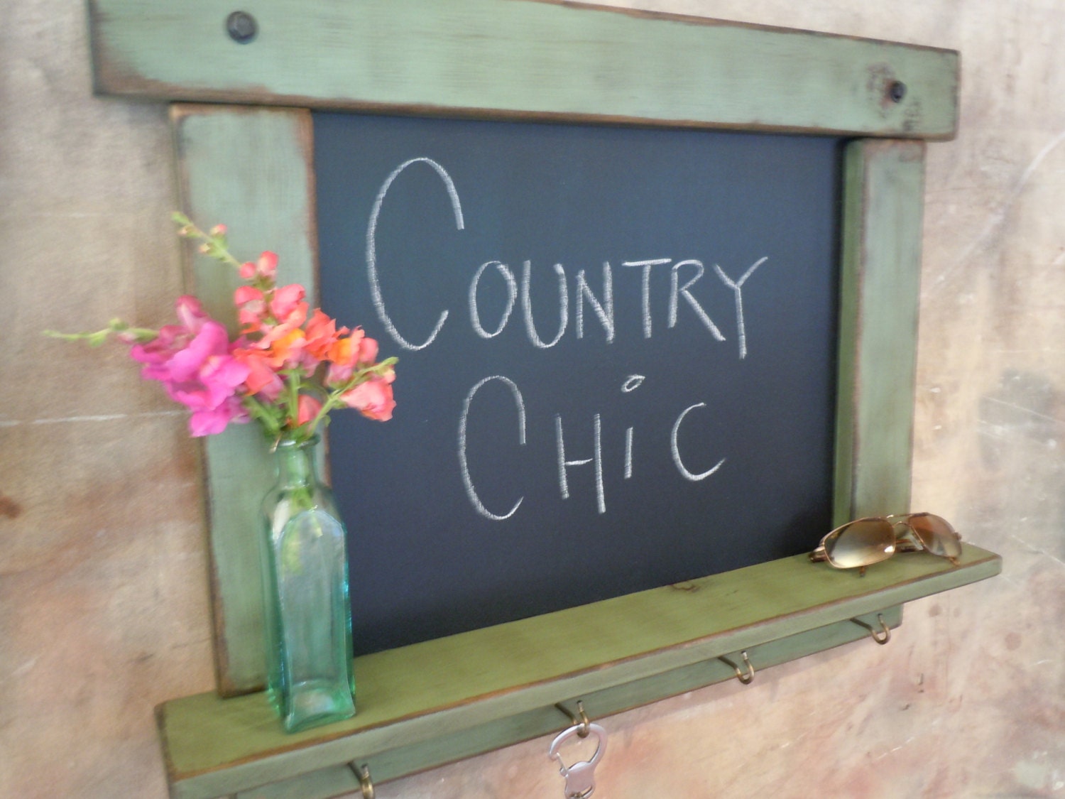 EXPEDITED-Chalkboard-Rustic/Primitive Chalk Board in New Leaf Green with Shelf and Hooks- MADE to ORDER