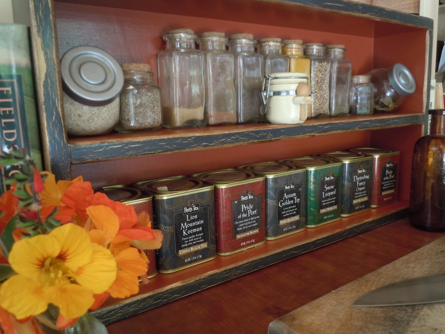 EXPEDITED-Spice Rack-Large Free Standing Spice Rack in Coal with Gold underneath Crackle and Rusty Red Inside