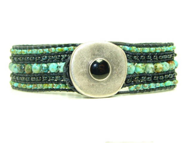 African Turquoise Beaded Leather Wrap Cuff Bracelet, 5 Row, Unisex, Boho Jewelry
