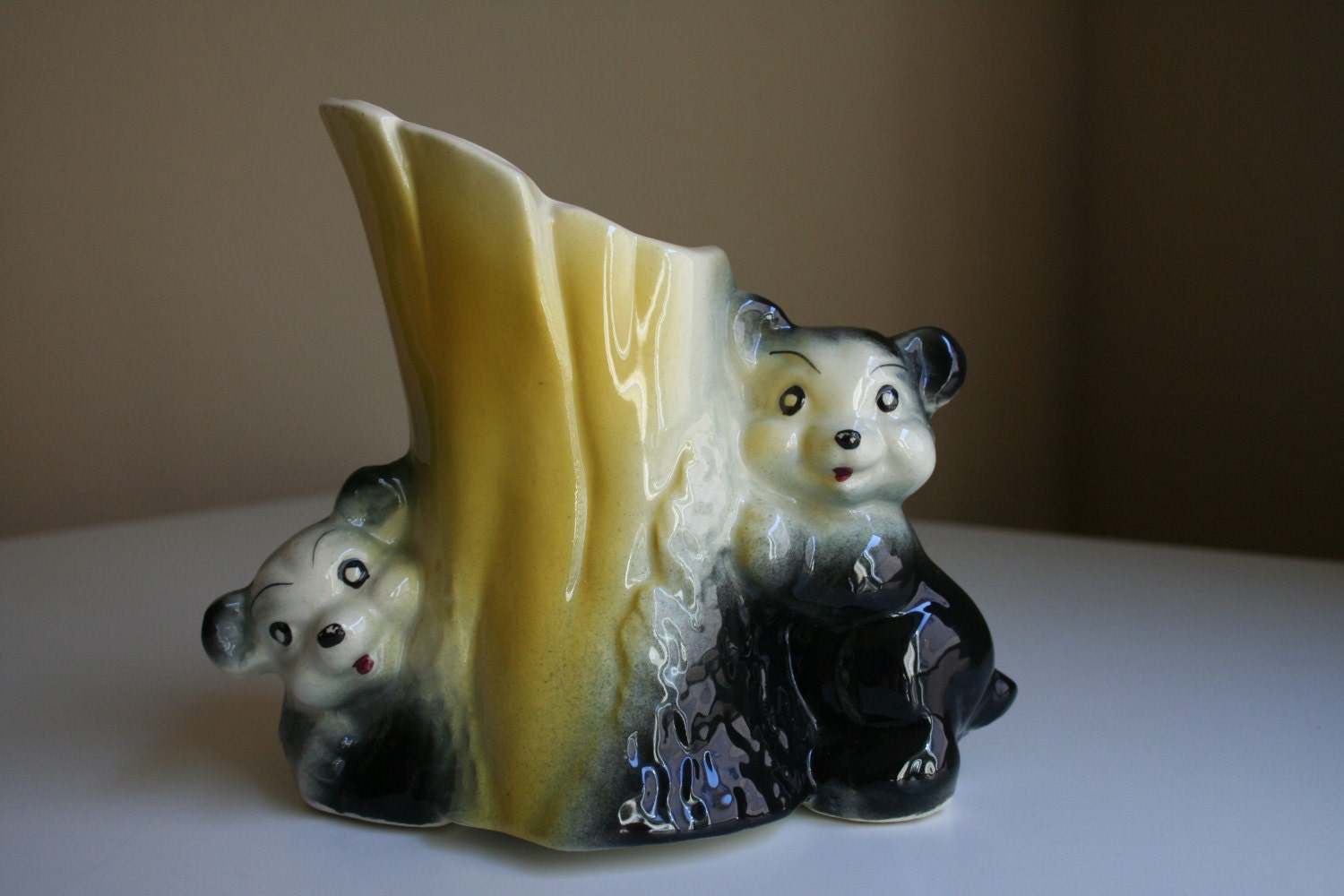 Vintage, Ceramic/Porcelain Double, Black Bear Planter, Vase, 1950s, Retro, Home Decor, Collectible, Keepsake, Wedding Gift, Unique