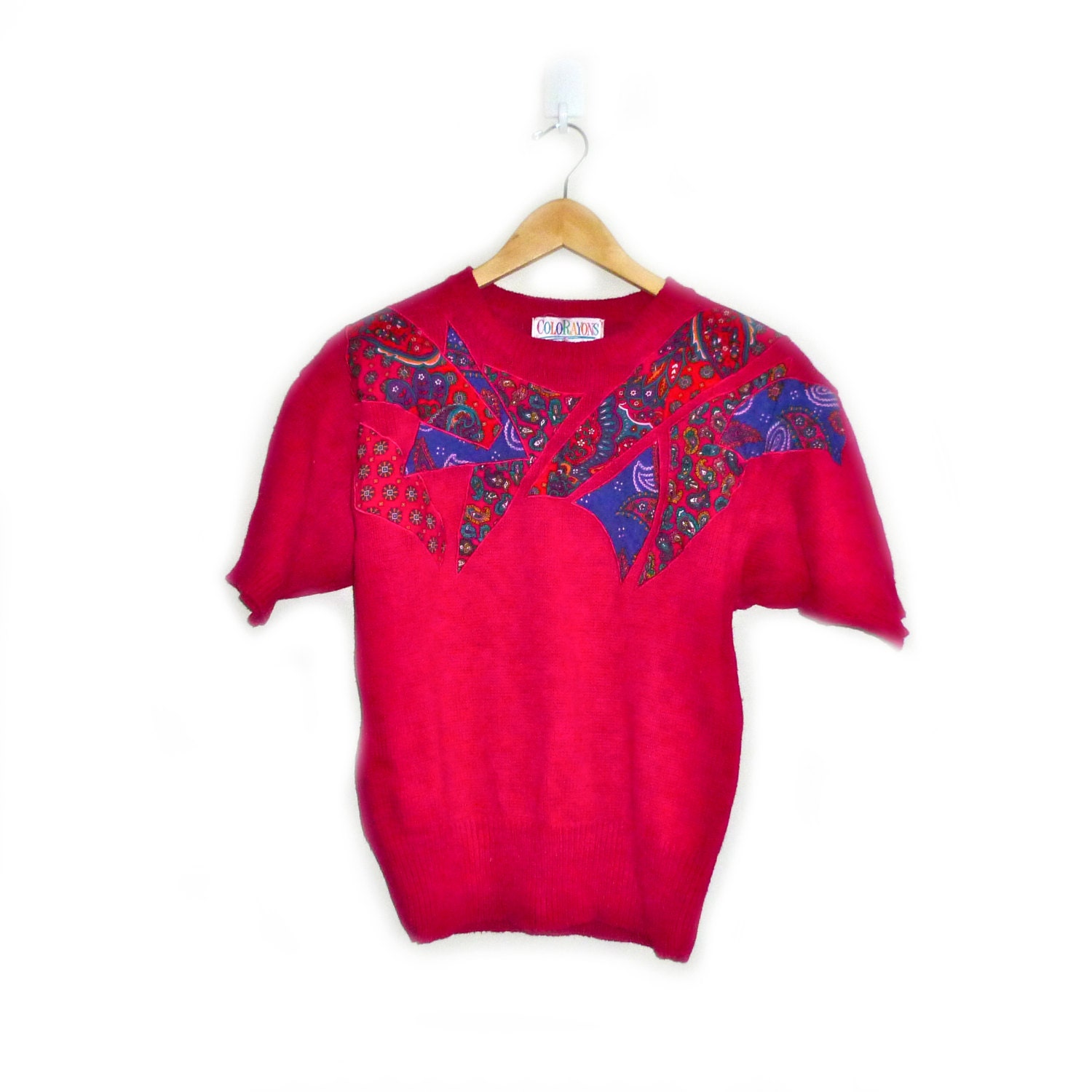 Paisley Magenta Sweater - 1980s Vintage Dolman Three Quarter Sleeves Abstract Patch Print Pink Chunky Knit Top 80s (S - M)