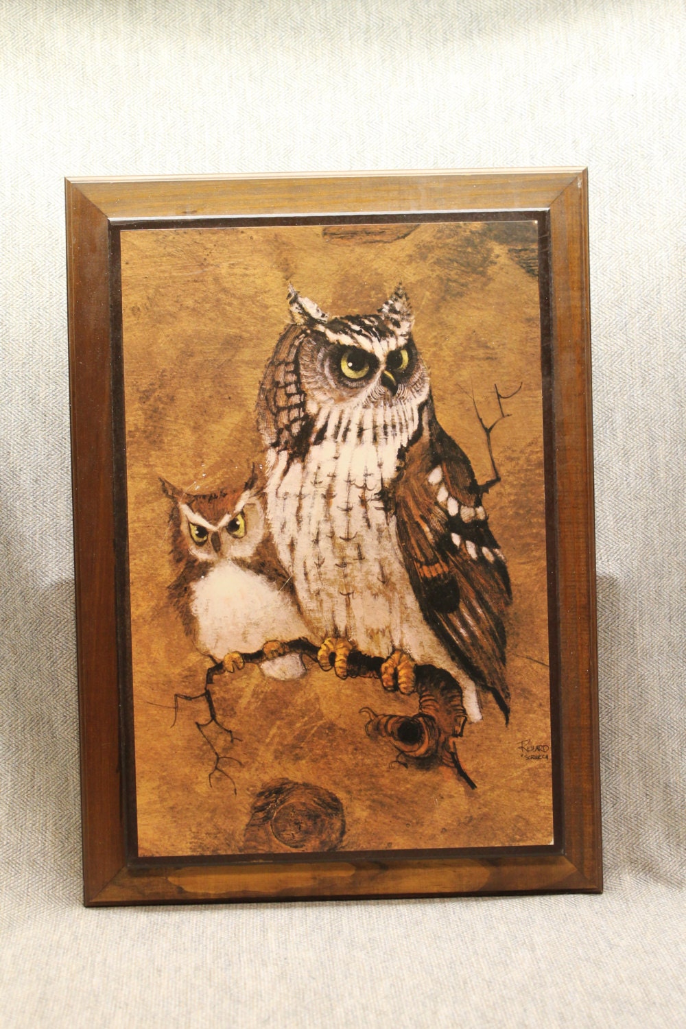 Vintage Screech Owl Lithograph on Wood, Art