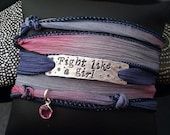 SALE D2E "Fight like a girl" cancer awareness silk ribbon yoga wrap bracelet with magnetic clasp and pink swarovski crystal charm