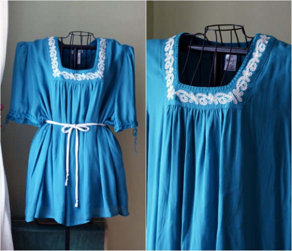 Vintage Teal Blue and White Bohemian Tent Dress - 1980s - Plus Size