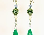 Beautiful Sterling silver intricate bead with amethyst and opal palace green crystal earring.