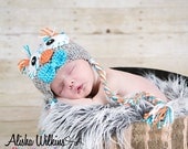 Bowtie Crochet Owl Hat - Gray, orange and teal - Photography Prop - 0-3 months size - Made to order