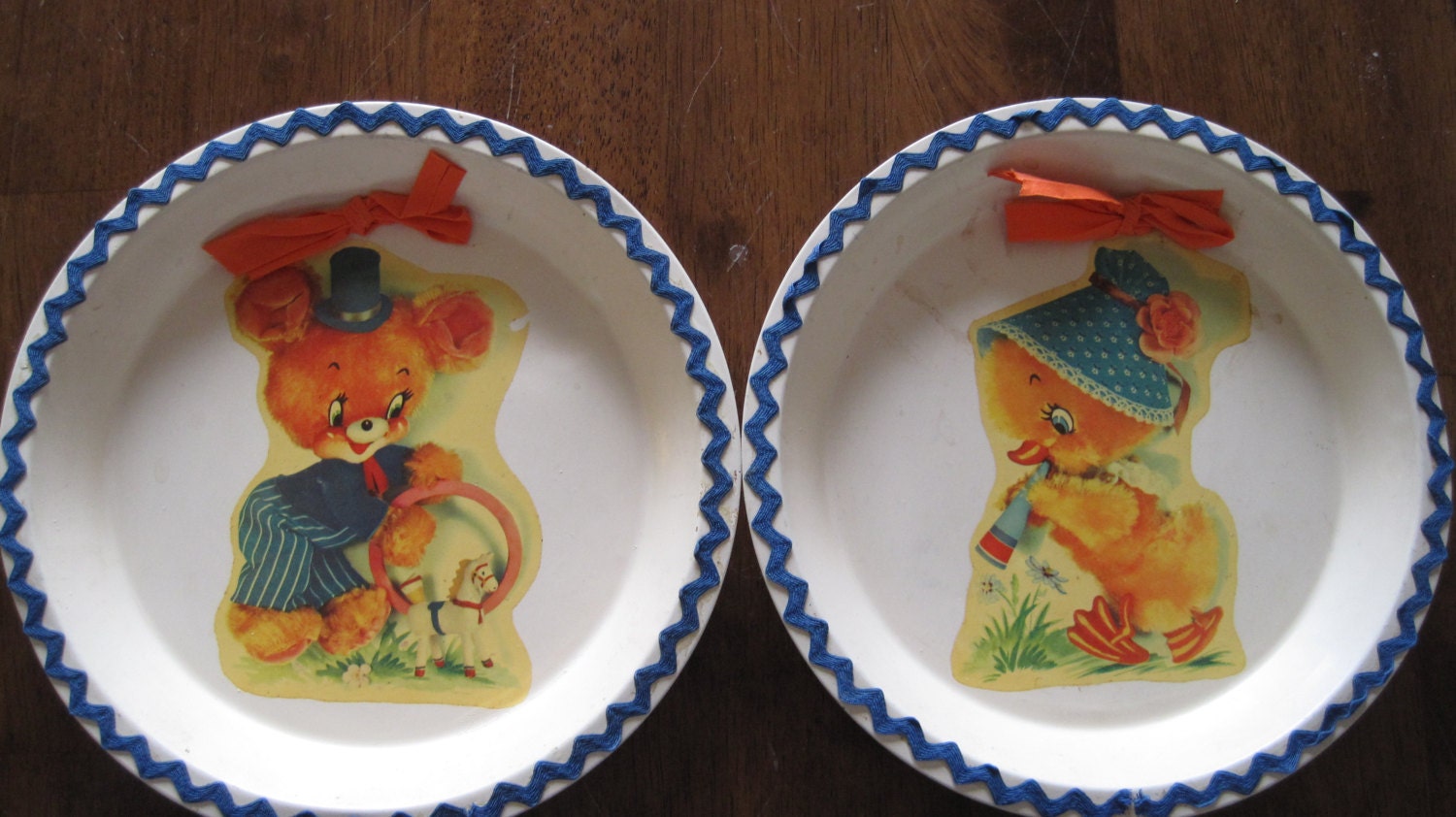 Set of two vintage decoupaged pie tins, duck and bear, nursery decor