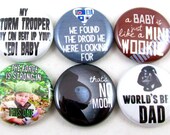 Set of 6 Star Wars Inspired Buttons, 1" Pin-Back -- Geek-a-bye Baby Stocking Stuffer, Yoda, Wookie, Droid
