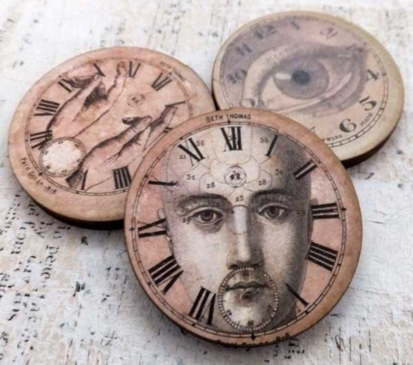 6 ART WATCH Clock FACES Wood Cuts - Vintage Style Face, Hands, Eye