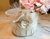 Flower Girl Basket-Shabby Chic Wooden Basket- Beautiful Linen Flower and Cream Tulle ribbon