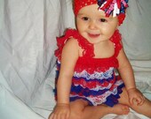 Sale- Red, White and Blue Lace Ruffled Pettiromper Petti Romper with FREE Korker Bow- 4th of July, July 4th