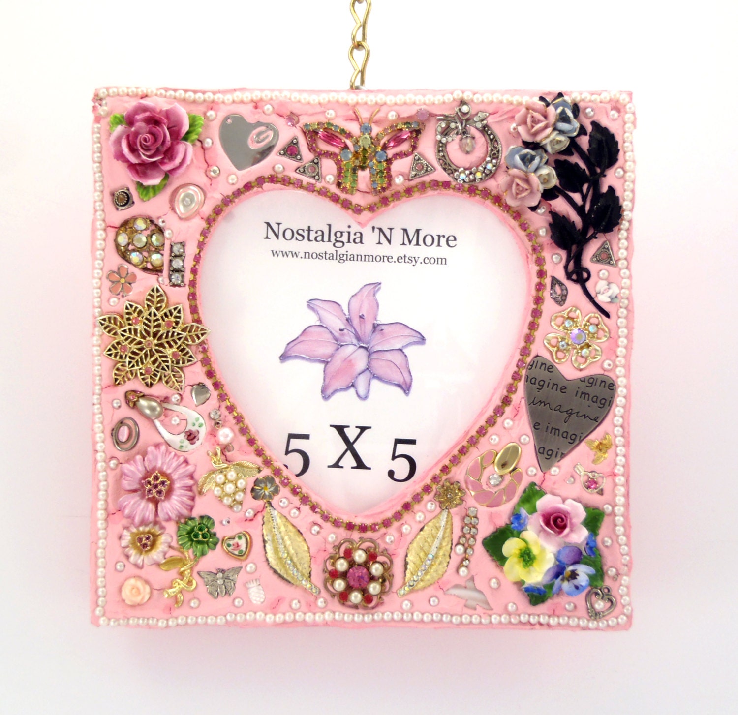 Vintage Jeweled Mosaic Frame Pink Heart Handmade OOAK