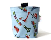 Reusable Sandwich Bag, Eco Friendly, Gusset Bottom, Finger Tabs, Blue, Red, Green Scoot Fabric by Riley Blake, Trains, Tractors & Airplanes