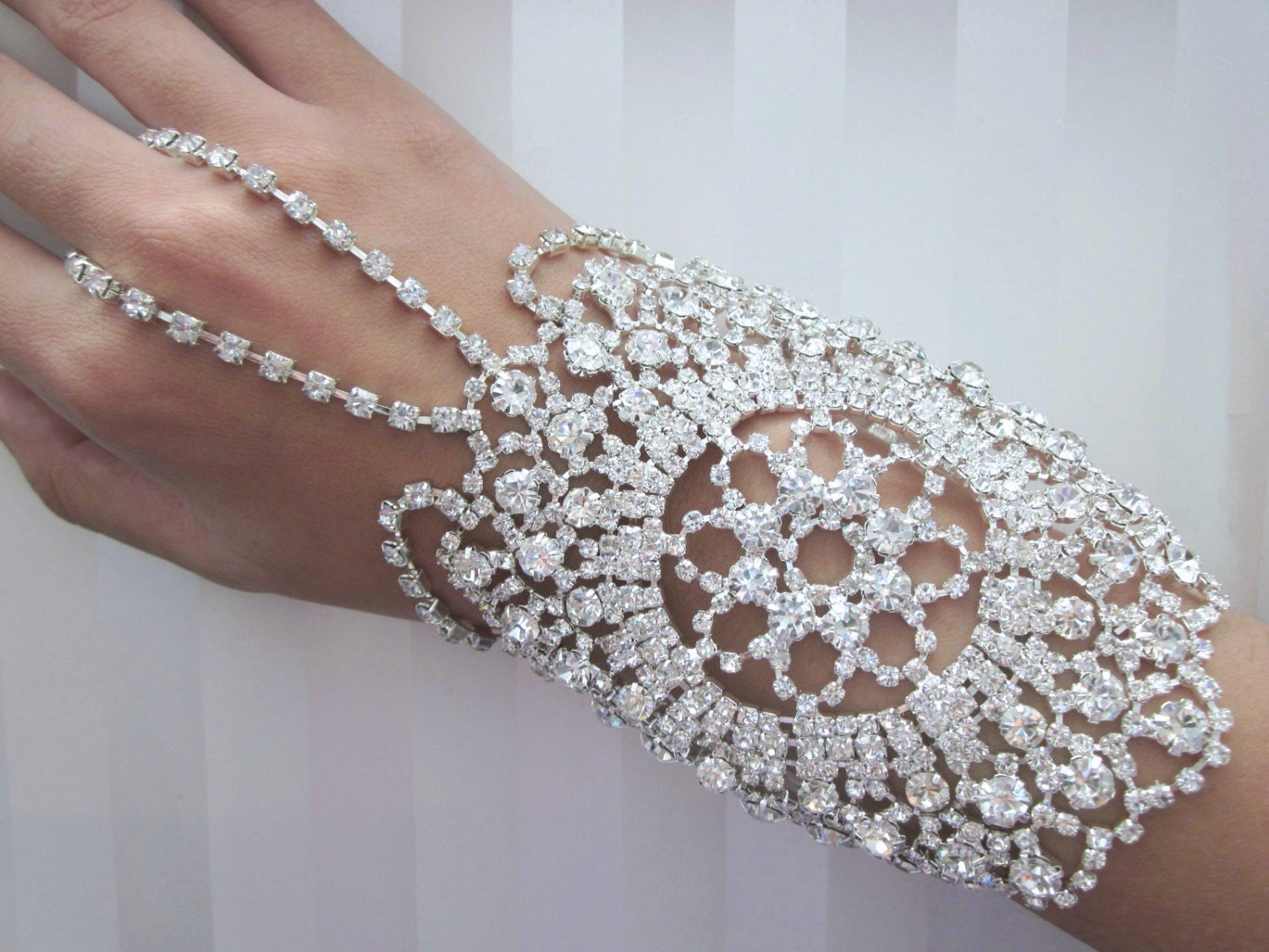 Rhinestone statement Wedding slave Bracelet, Silver sparkling Crystal, lace design