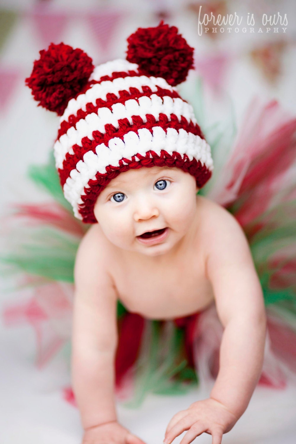 Christmas hat tutu set outfit red white double pom pom photography prop baby toddler girl newborn
