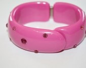 Vintage  Bangle Bracelet Lucite Clamper Hot Pink Rhinestone 1950s Jewelry