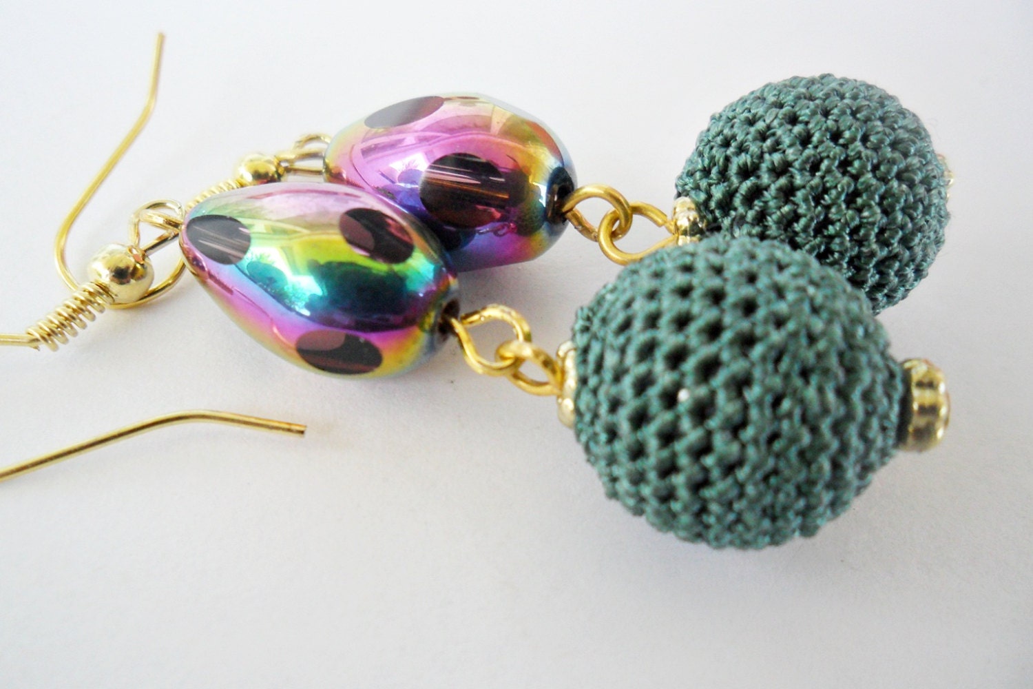 Free shipping - Oil Green Crocheted bead earrings