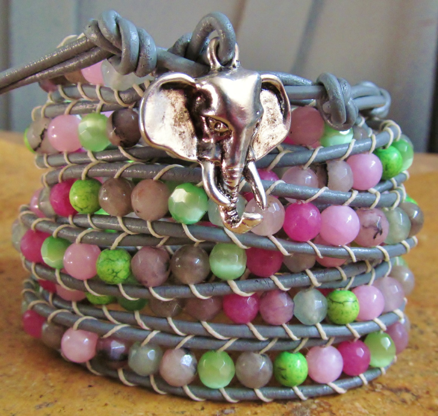 Silver Elephant Pink Smoke Green Agate Gray Beaded Leather Wrap Bracelet