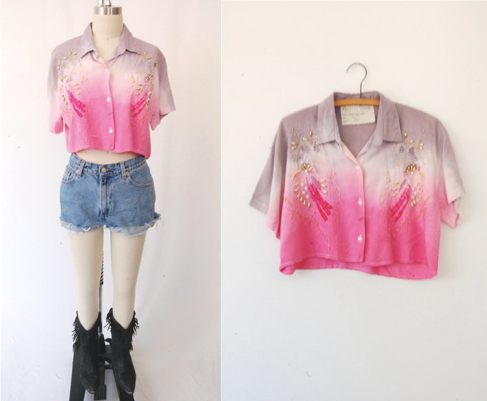 Ombre Dyed crop top beaded embroidered / Vintage 80's Urban Outfitters retro hipster / oversized S M small medium