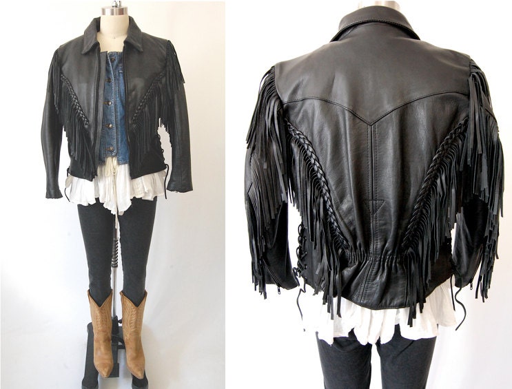 Vintage 80's leather motorcycle fringed jacket / boho rocker moto Easy Rider / M medium