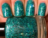 Time Of The Season - bright teal jelly with blue, greens, silver holographic (butterflies) glitter nail polish