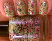 Kokomo - green creme with black, pink, fuchsia and turquoise dots glitter nail polish