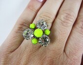 The Mandy Ring - One Of A Kind - Vintage Neon Yellow Hand Painted Rhinestone Ring - Adjustable Size