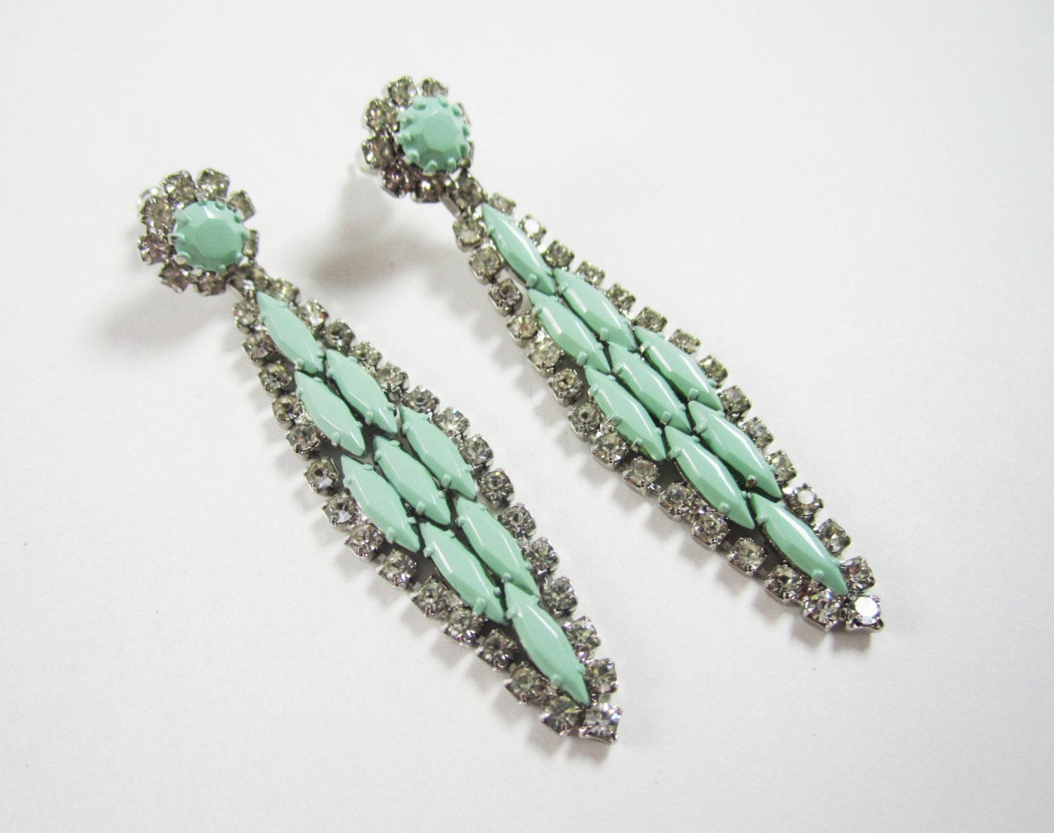 One Of A Kind - Vintage 1950s Hand Painted Mint Green Art Deco Rhinestone Earrings - by Love Obsessed