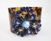 One Of A Kind Love Obsessed Design - Tortoise Cuff with Vintage Sapphire Rhinestone Center - OOAK