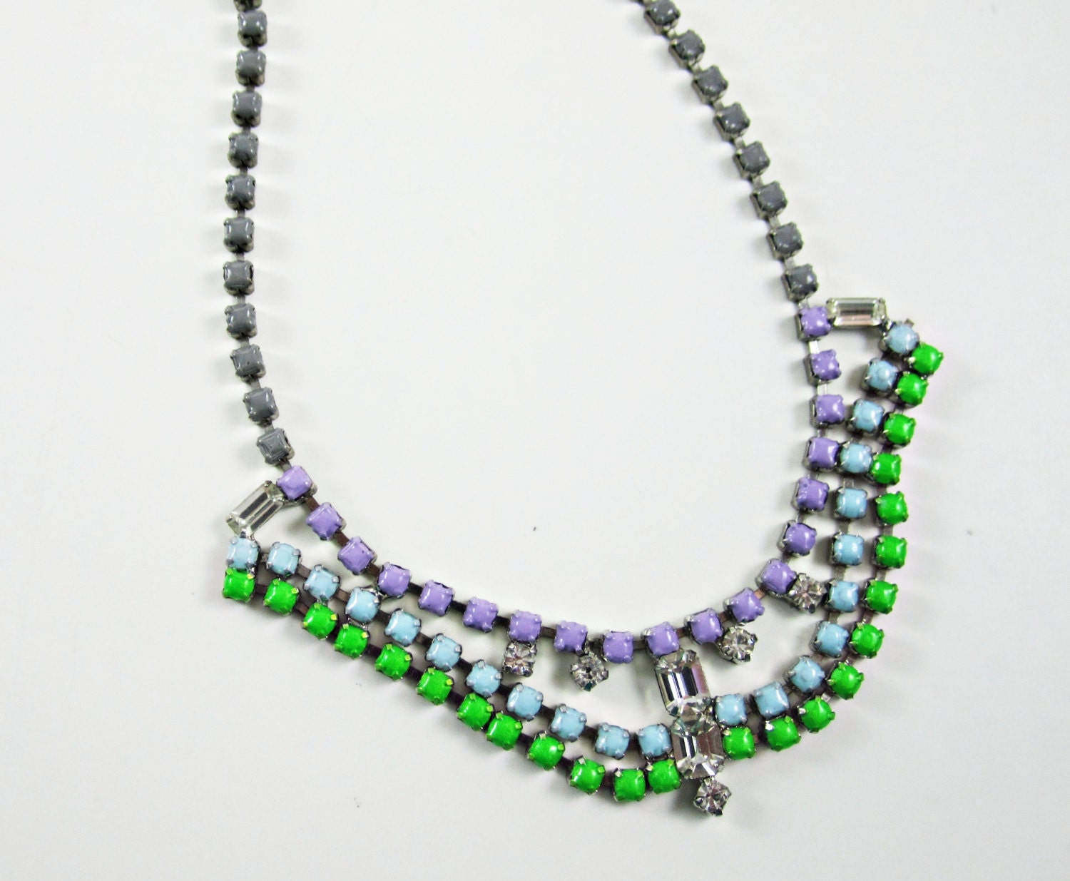 The Sarah Necklace - Hand Painted Vintage 1950s Rhinestone Necklace - Green, Blue, Lilac