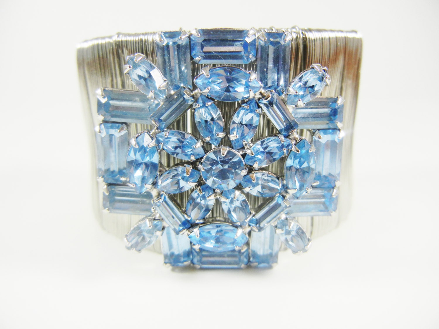 The Sheila Wire Cuff Bracelet - One Of A Kind - Vintage Pale Blue Rhinestone Center