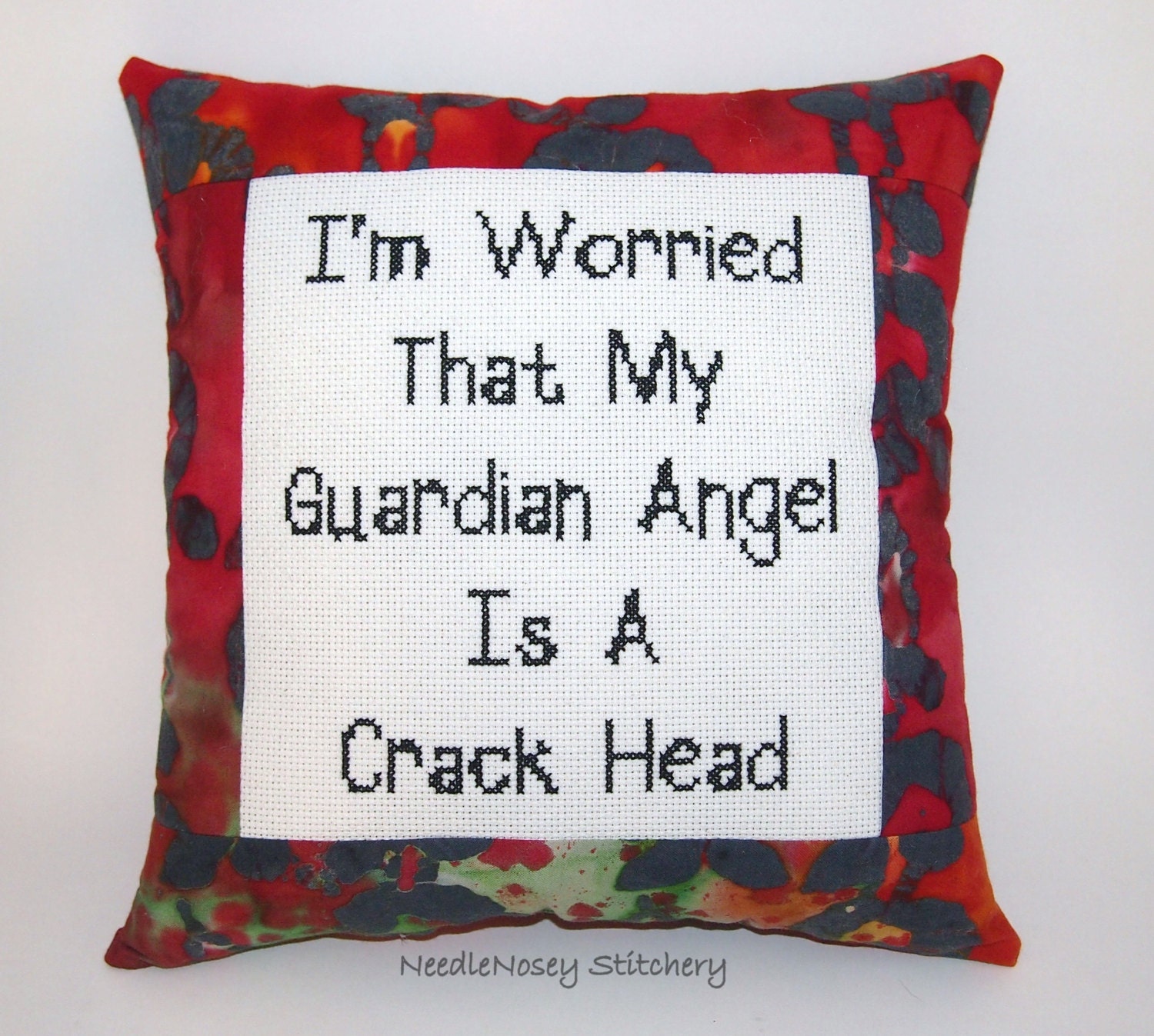 Funny Cross Stitch Pillow, Red And Black Pillow, Guardian Angel Quote