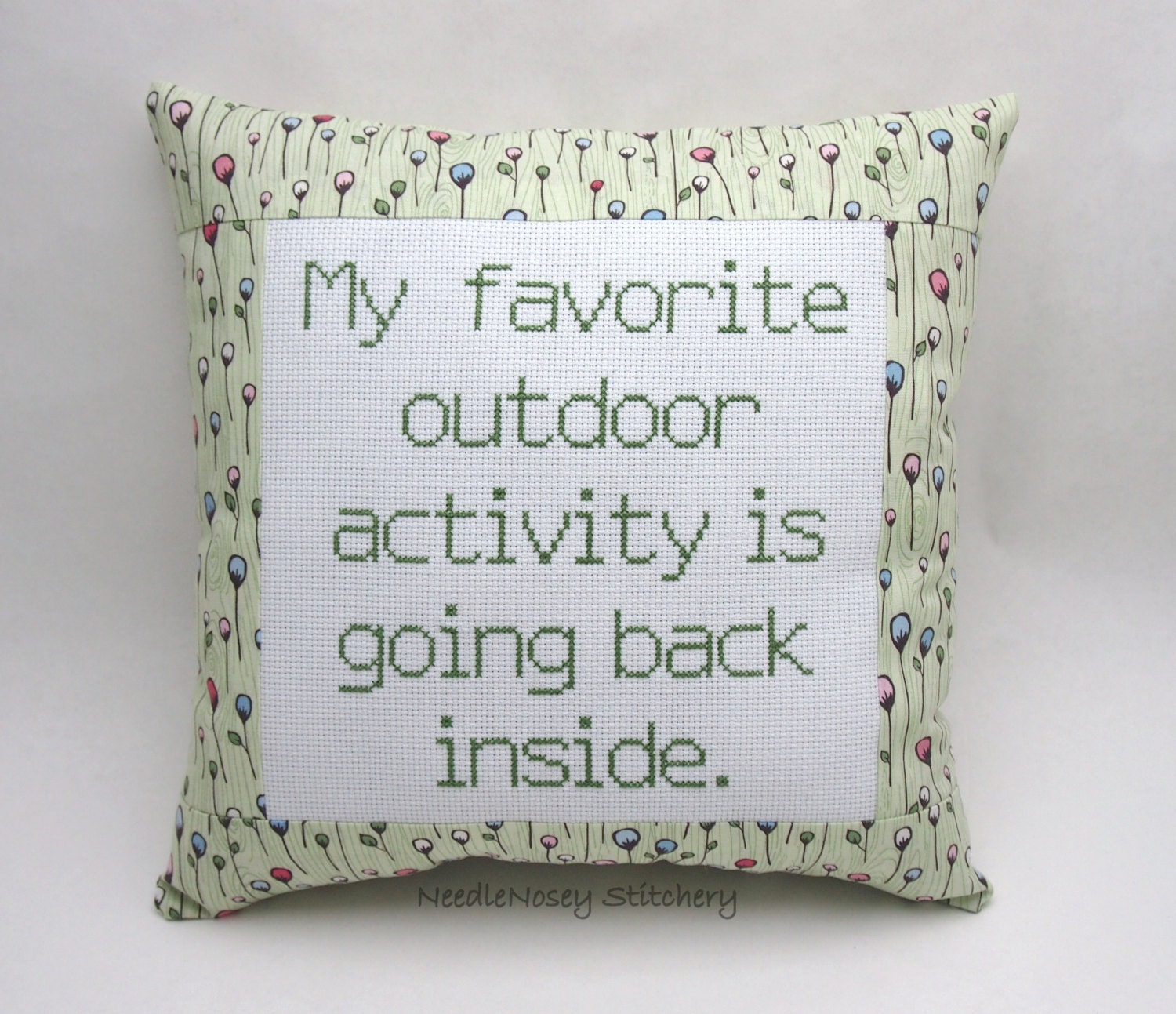 Funny Cross Stitch Pillow, Green Pillow, Outdoor Activity Quote