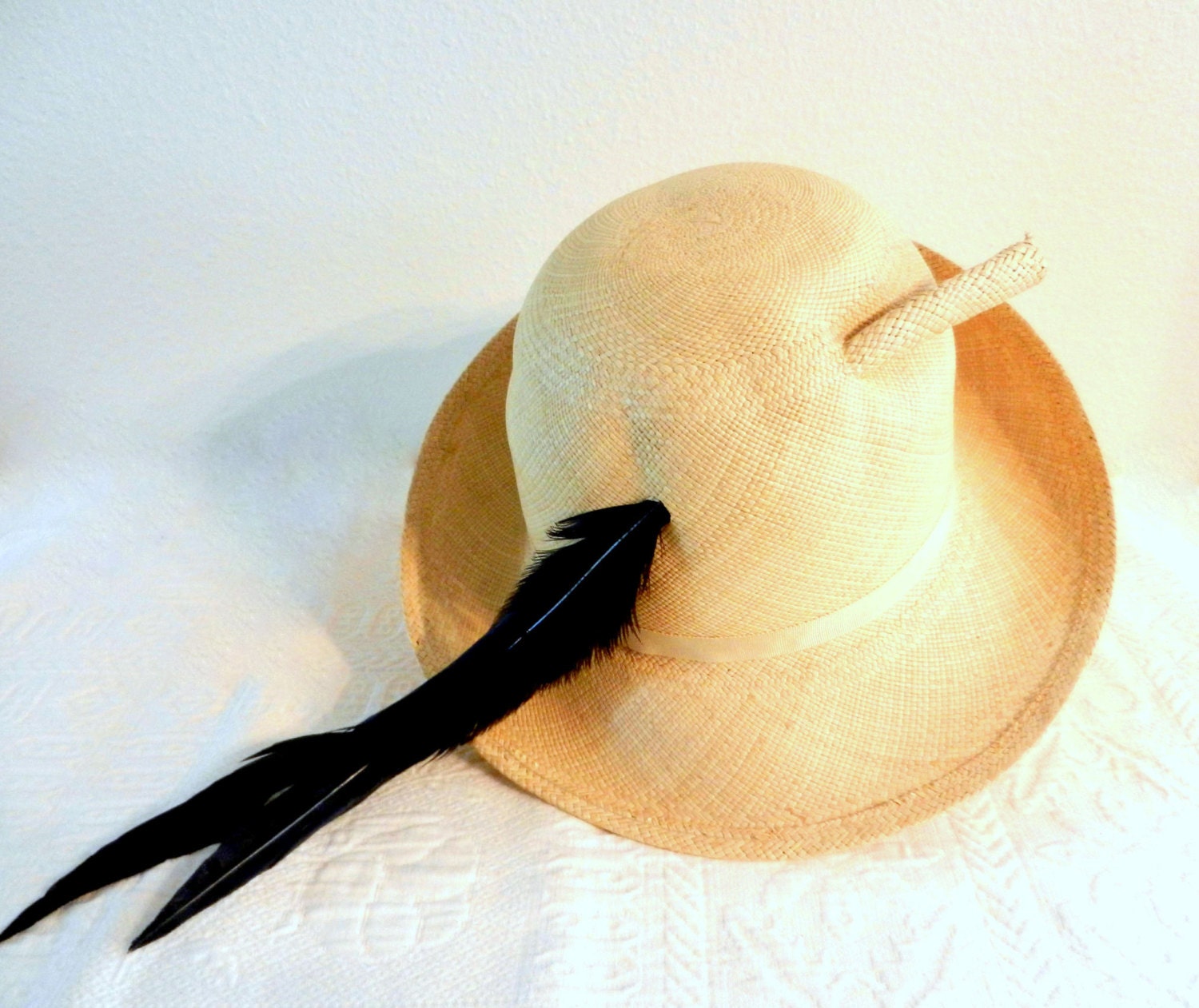 Vintage Straw Hat with Black Feather, TREASURY Item