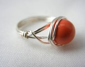 Faux Coral Ring, Wire Wrapped Jewelry Handmade, Faux Pearl Ring, Silver-Plated Wire