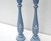 Vintage wood Candlesticks, Set of two painted candle holders, Wedgwood sky blue cottage chic, Up scaled, Wedding decor