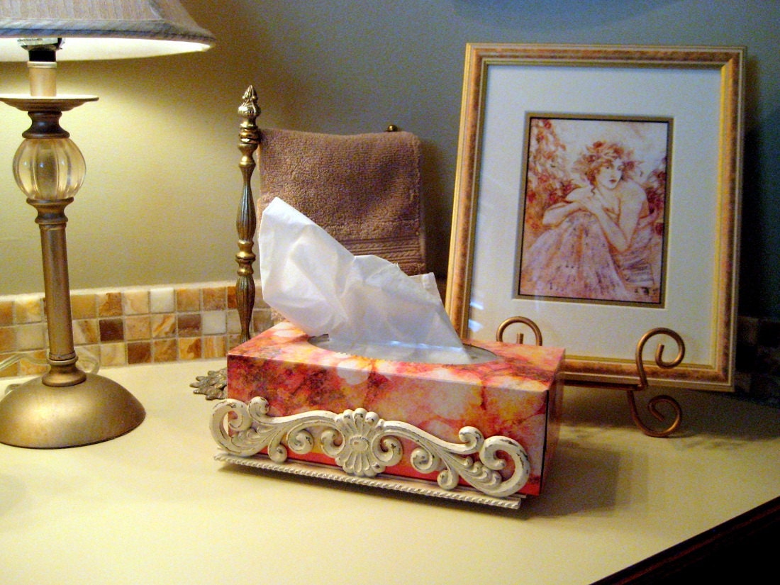 Tissue Box Holder, Vintage Brass painted, Antique white, distressed, bathroom vanity display