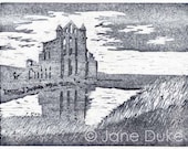 Whitby Abbey woodcut original relief print unframed limited edition