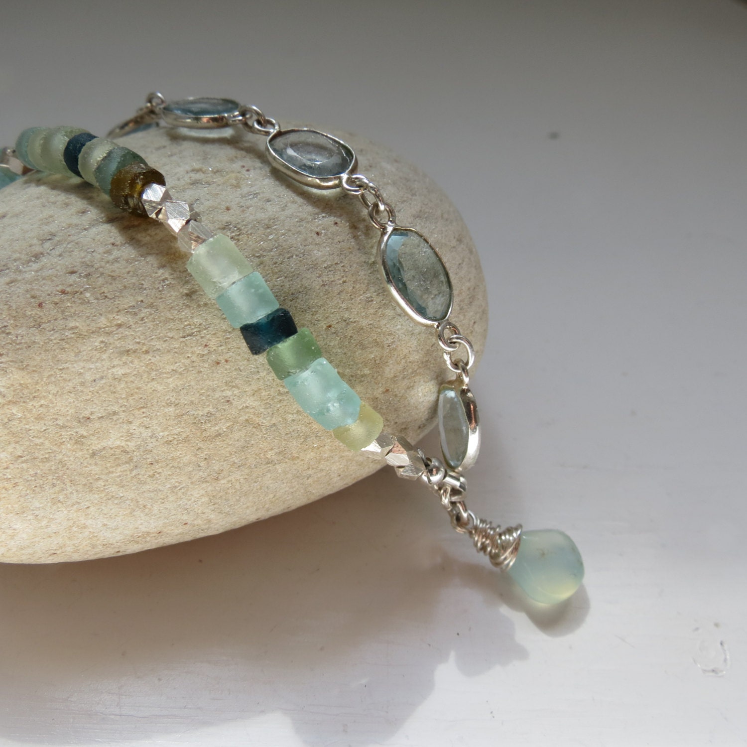 Ancient Roman Glass, Sky Blue Topaz, Aqua Chalcedony Sterling Silver Artisan Made Anklet