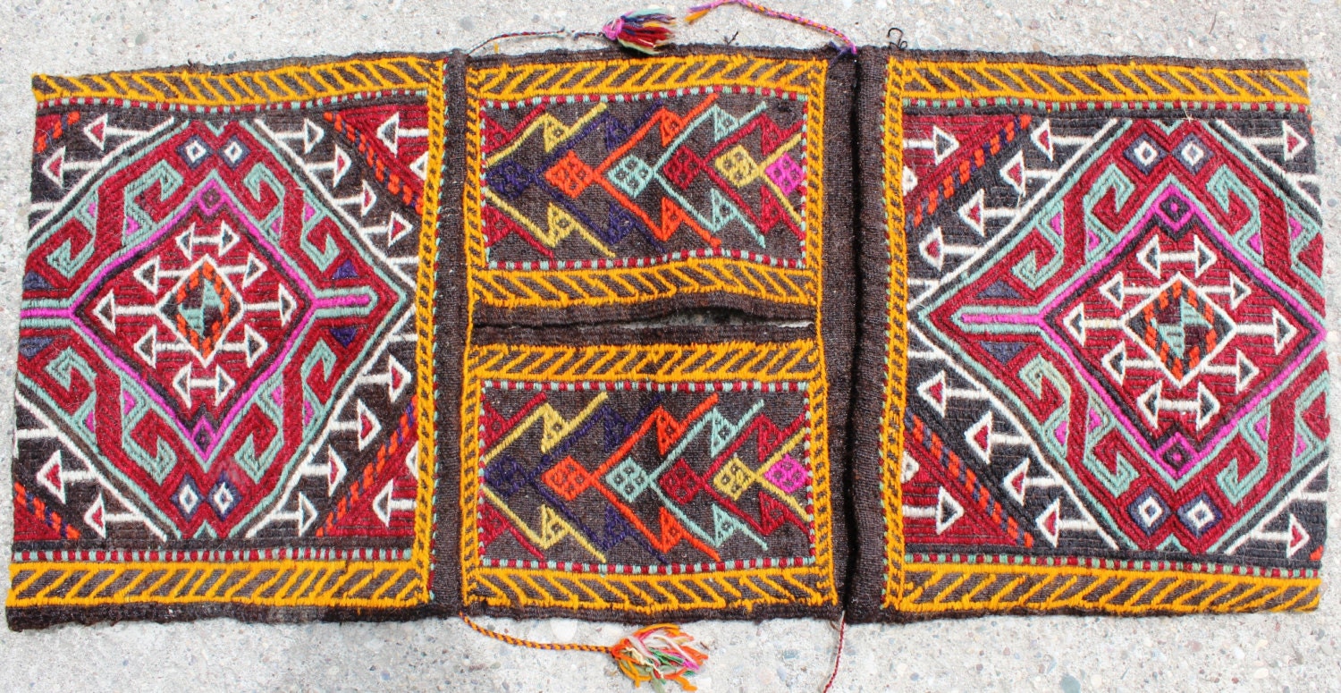 Vintage Handwoven Handmade Antique Wall Decor Kilim Saddlebag - 17,2''x39,6'' inch %100 WOOL - FAST SHIPMENT - Delivered Within 2-4 Days,