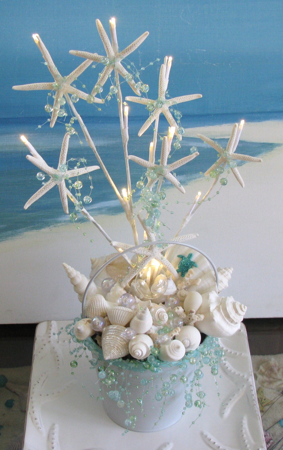 White Seashell Starfish Wedding Centerpiece Decoration-Lights Up Led Battery Starfish Bubbles Wedding Bucket Centerpiece