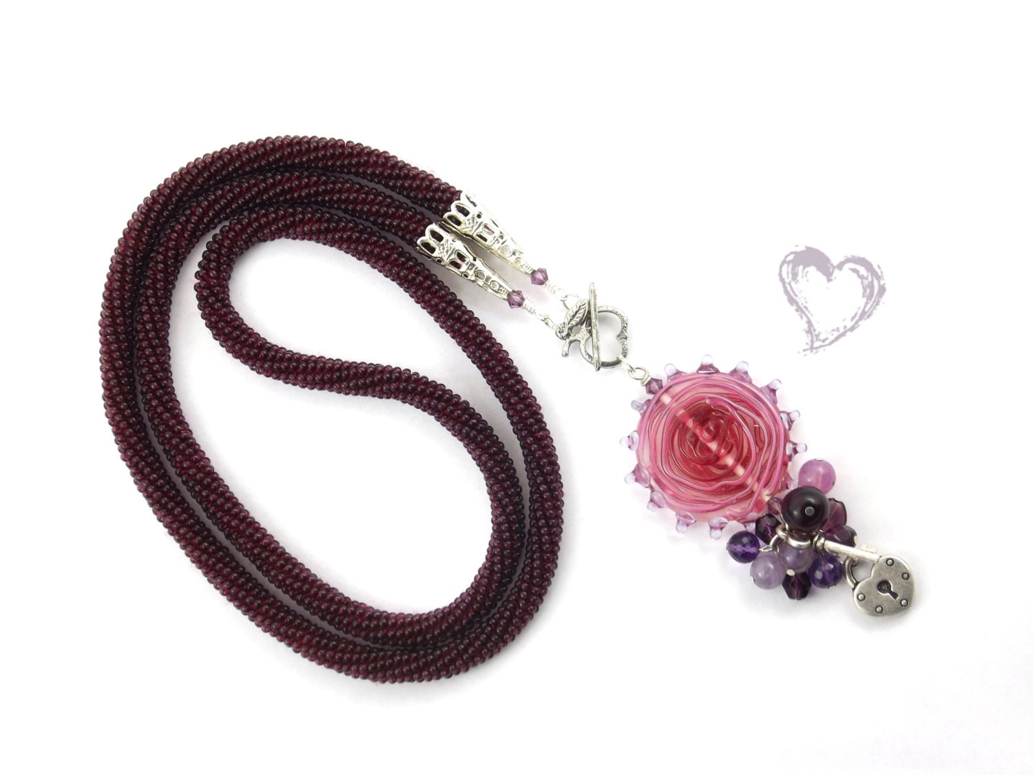 Bead Crochet Necklace "Heart & Key" Lampwork Glass Pendant Gift for her Lilac Purple Amethyst Natural amethyst  Beadwork  Jewelry